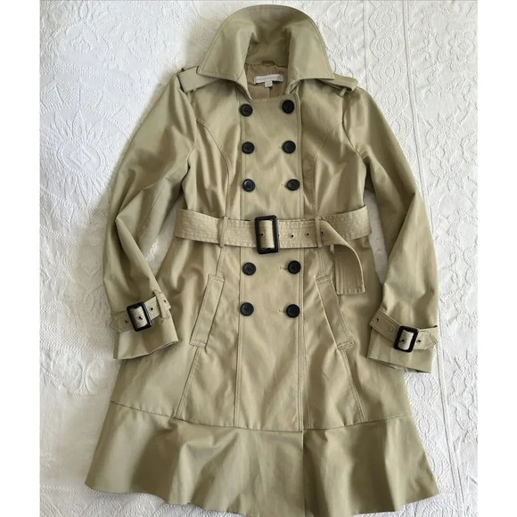 New York & Co Khaki Beige Double Breasted Belted Lined Peplum Trench Coat Size L - Picture 4 of 16
